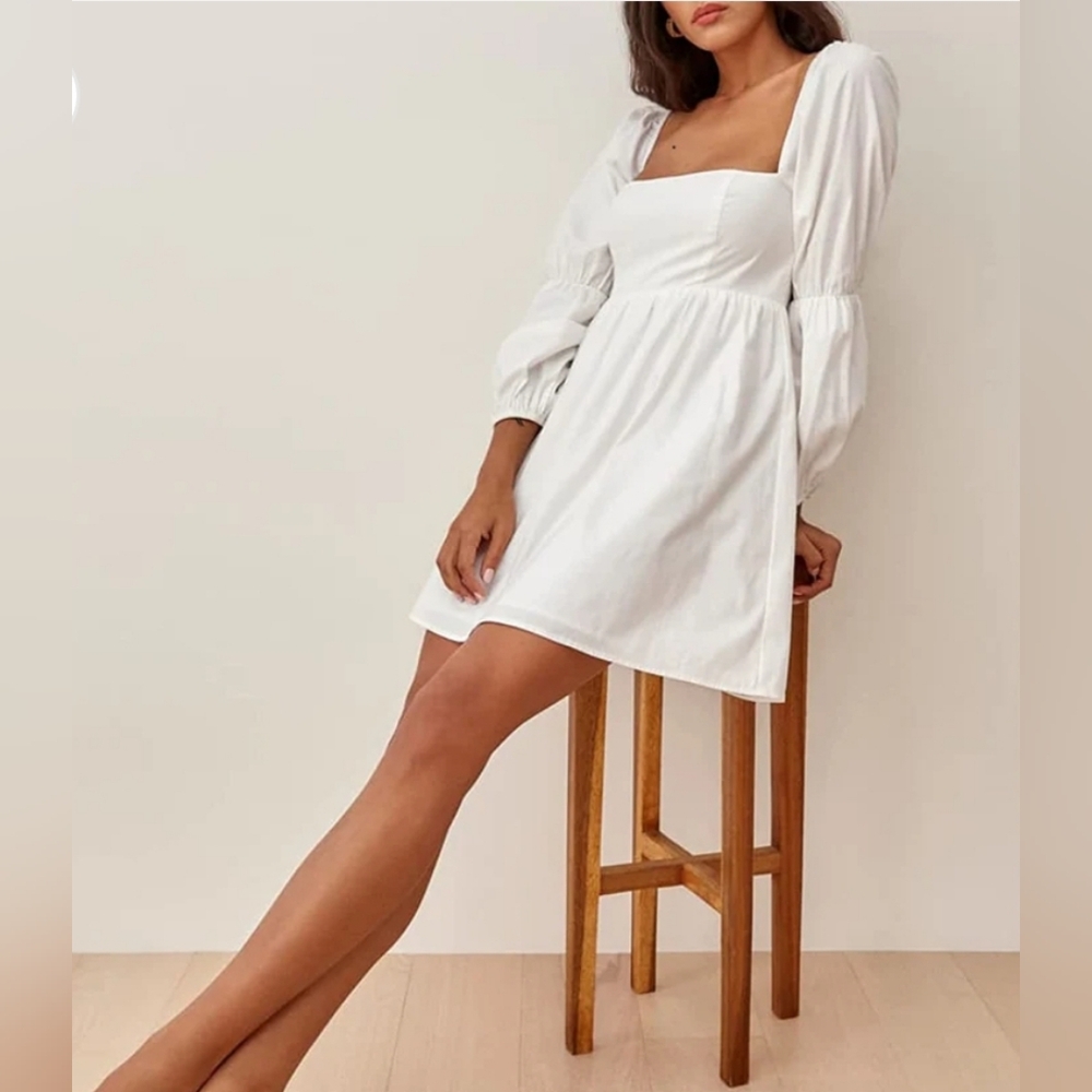 EXLURA Square Neck Dress Long Puff Sleeve A-Line Casual Short Mini Dress